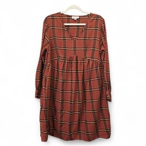 Knox Rose Terracotta Checkered Long Sleeve Dress Babydoll Mini XL Pockets V Neck